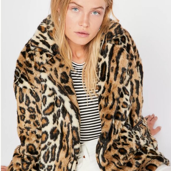 Free People Leopard Kate Fur Pea Coat SZ L - Picture 1 of 8